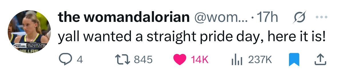 the womandalorian @wom... 17h yall wanted a straight pride day, here it is! ONLY PLAYER IN WNBA SUECKERS TE FARE TOP cara AUT ALLAS 4 845 14K 237K
