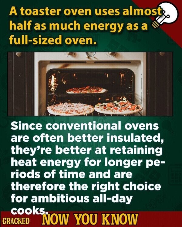 A toaster oven uses almost half as much energy as a full-sized oven. Since conventional ovens are often better insulated, they're better at retaining heat energy for longer ре- riods of time and are therefore the right choice for ambitious all-day cooks. CRACKED NOW YOU KNOW