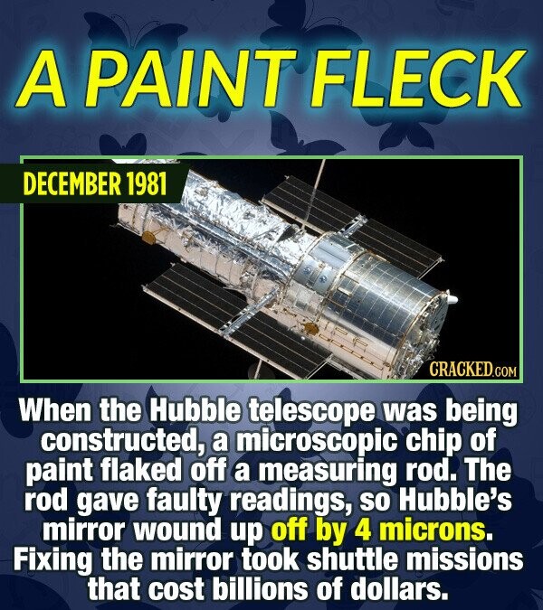 A PAINT FLECK DECEMBER 1981 CRACKEDCON When the Hubble telescope was being constructed, a microscopic chip of paint flaked off a measuring rod. The ro