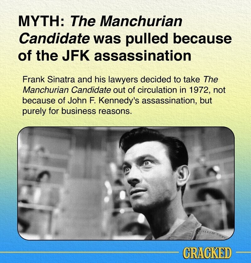 MYTH: The Manchurian Candidate was pulled because of the JFK assassination Frank Sinatra and his lawyers decided to take The Manchurian Candidate out of circulation in 1972, not because of John F. Kennedy's assassination, but purely for business reasons. CRACKED