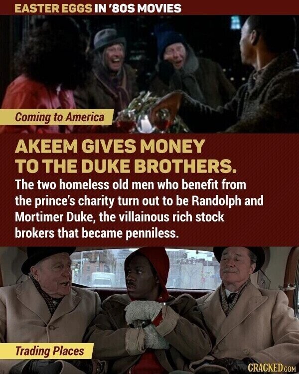EASTER EGGS IN '80S MOVIES Coming to America АКЕЕМ GIVES MONEY TO THE DUKE BROTHERS. The two homeless old men who benefit from the prince's charity turn out to be Randolph and Mortimer Duke, the villainous rich stock brokers that became penniless. Trading Places CRACKED.COM