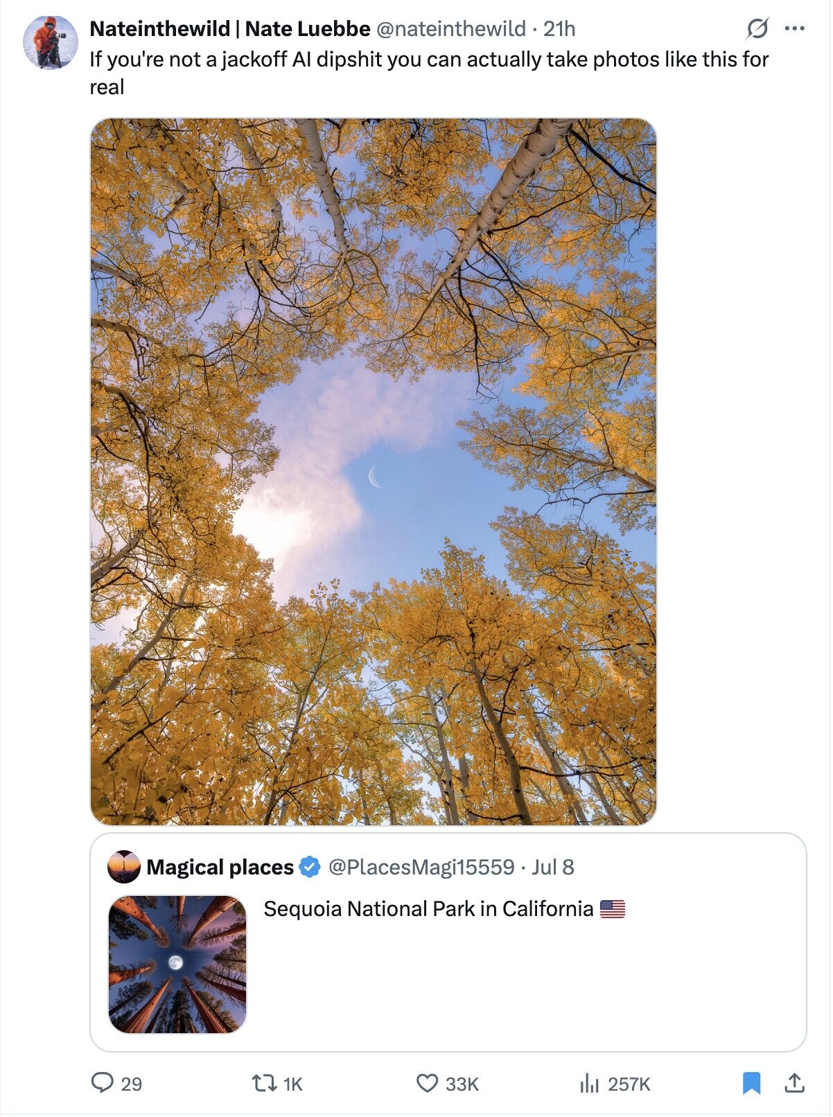 Nateinthewild Nate Luebbe @nateinthewild d . 21h G ... If you're not a jackoff AI dipshit you can actually take photos like this for real @PlacesMagi15559 Jul 8 Magical places Sequoia National Park in California 29 1K 33K 257K