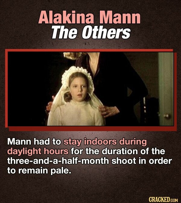 Alakina Mann The Others Mann had to stay indoors during daylight hours for the duration of the three-and-a-half-month shoot in order to remain pale. CRACKED.COM