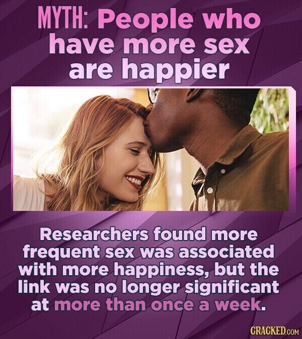 MYTH: People who have more sex are happier Researchers found more frequent sex was associated with more happiness, but the link was no longer significant at more than once a week. CRACKED.COM