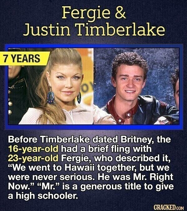 Fergie & Justin Timberlake 7 YEARS O Before Timberlake dated Britney, the 16-year-old had a brief fling with 23-year-old Fergie, who described it, We went to Hawaii together, but we were never serious. Не was Mr. Right Now. Mr. is a generous title to give a high schooler. CRACKED.COM