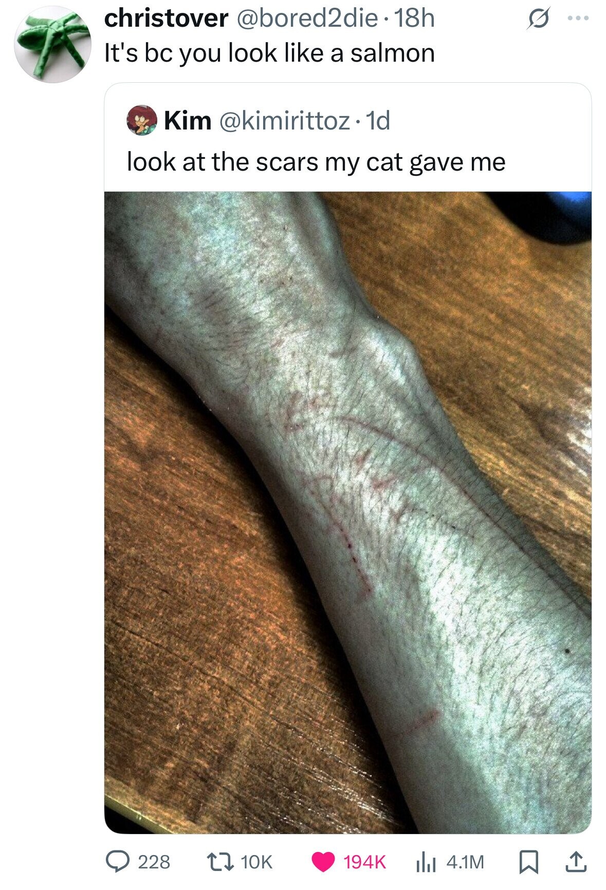christover @bored2die. 18h S ... It's bc you look like a salmon Kim @kimirittoz. 1d look at the scars my cat gave me 228 10K 194K 4.1M