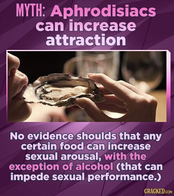 MYTH: Aphrodisiacs can increase attraction No evidence shoulds that any certain food can increase sexual arousal, with the exception of alcohol (that can impede sexual performance.) CRACKED.COM