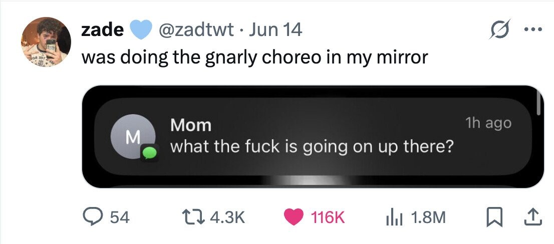 zade @zadtwt.J Jun 14 ... are 00 3M was doing the gnarly choreo in my mirror 1h ago Mom M what the fuck is going on up there? 54 4.3K 116K 1.8M