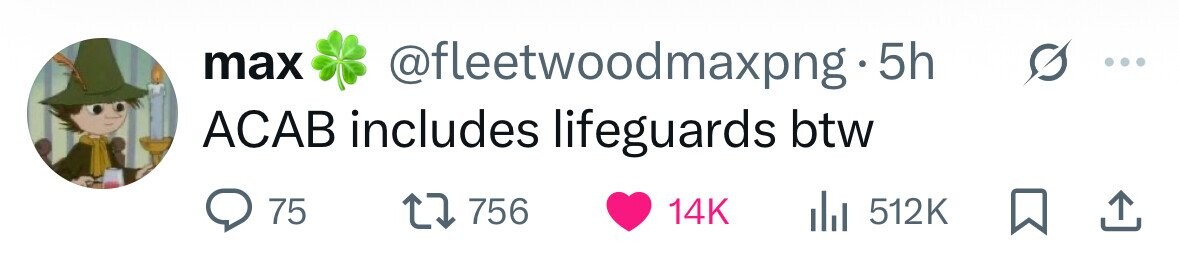 max @fleetwoodmaxpng 5h ACAB includes lifeguards btw 75 756 14K dJ 512K
