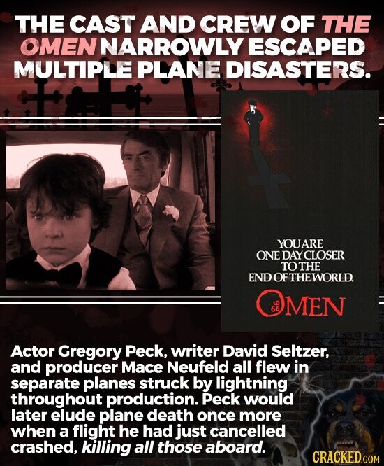 THE CAST AND CREW OF THE OMEN NARROWLY ESCAPED MULTIPLE PLANE DISASTERS. YOUARE ONE DAYCLOSER TO THE END OF THE WORLD. OMEN Actor Gregory Peck, writer David Seltzer, and producer Mace Neufeld all flew in separate planes struck by lightning throughout production. Peck would later elude plane death once more when a flight he had just cancelled crashed, killing all those aboard. CRACKED.COM