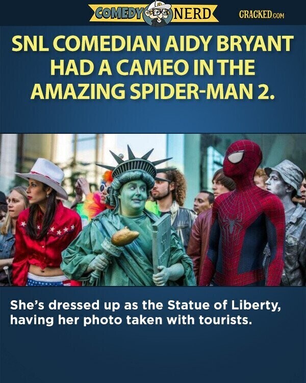 COMEDY NERD CRACKED.COM SNL COMEDIAN AIDY BRYANT HAD A CAMEO IN THE AMAZING SPIDER-MAN 2. She's dressed up as the Statue of Liberty, having her photo taken with tourists.
