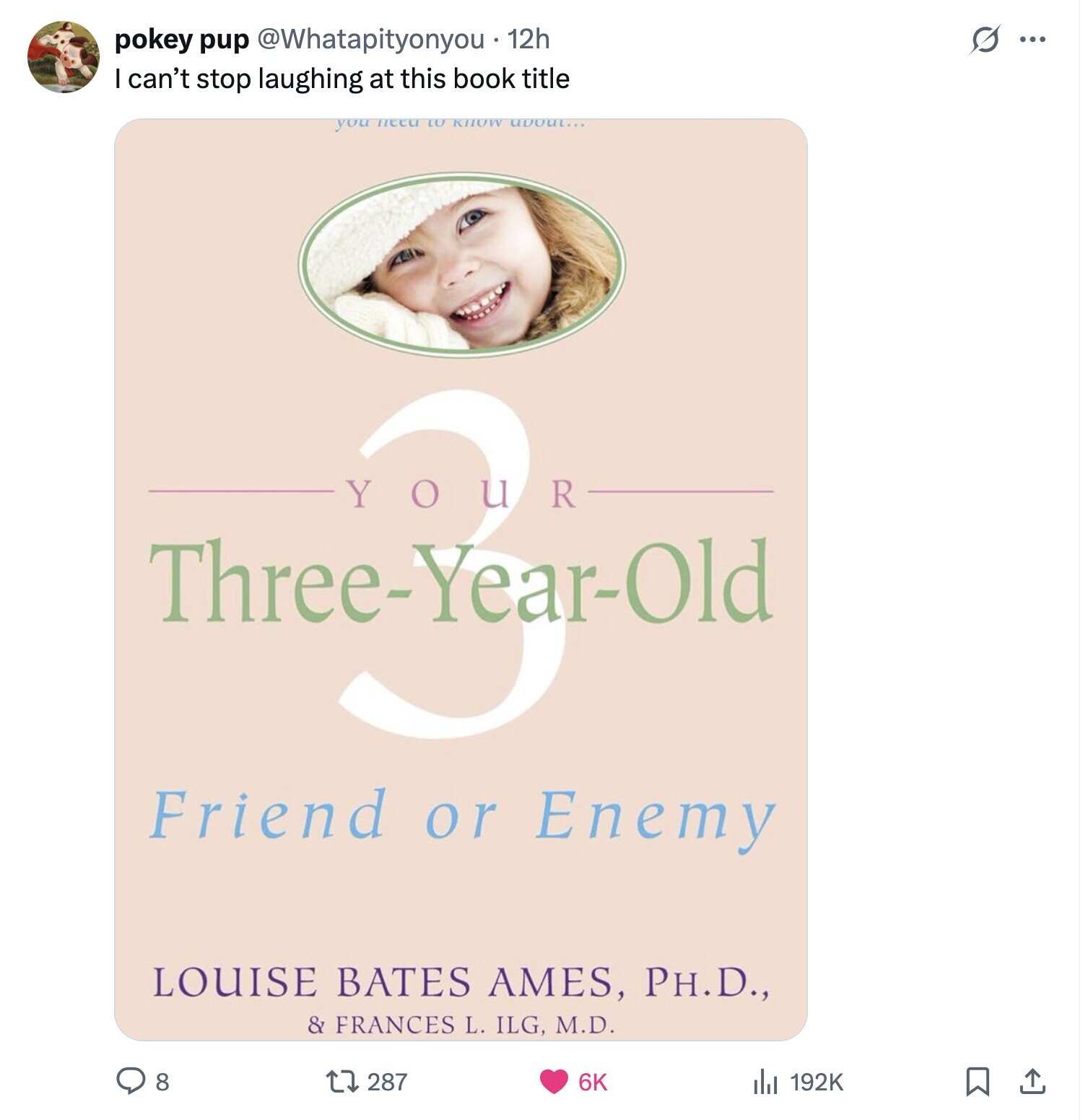 pokey pup @Whatapityonyou 12h ... can't stop laughing at this book title you need LO about... R Friend or Enemy LOUISE BATES AMES, PH.D., & FRANCES L. ILG, M.D. 8 287 6K 192K