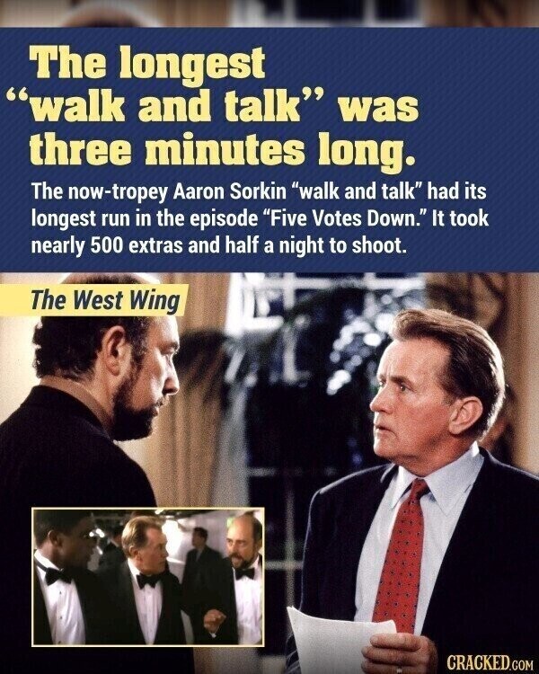 The longest walk and talk was three minutes long. The now-tropey Aaron Sorkin walk and talk had its longest run in the episode Five Votes Down. It took nearly 500 extras and half a night to shoot. The West Wing CRACKED.COM