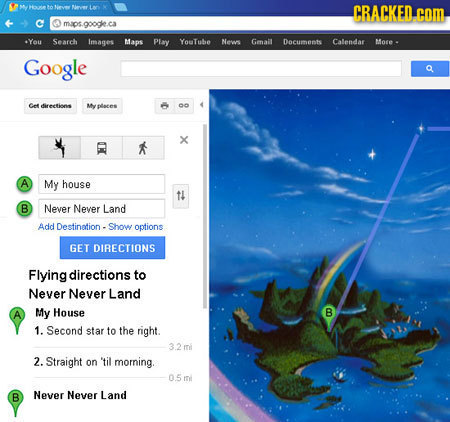 1o iever CRACKED. com maps.googke.ca -You Search Images Maps Play YouTube Nevs Gmail Dacumenhs Calendar More - Google Cee dirertinns Nyoloces oo X A M