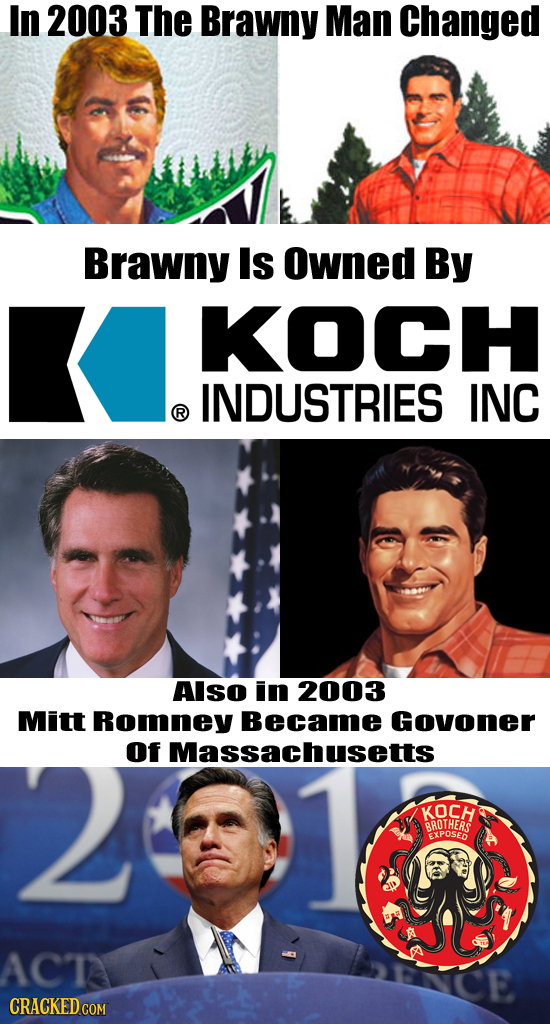 In 2003 The Brawny Man Changed Brawny Is Owned By KOCH INDUSTRIES INC R AIso in 2003 Mitt Romney Became Govoner 2 Of Massachusetts KOCH BROTHERS EXPOS
