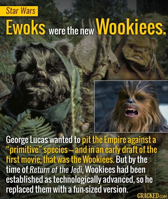 STAR WARS Ewoks were the new Wookiees. George Lucas wanted to pit the Empire against a primitive species and in an early draft of the first movie, t