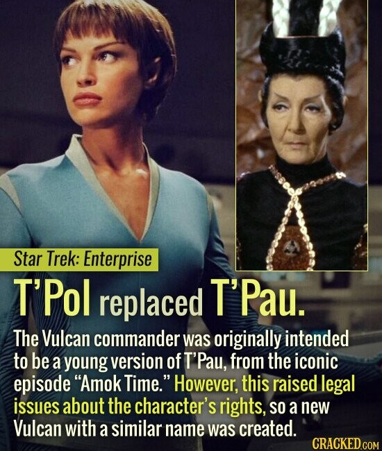 Star Trek: Enterprise T'Pol replaced T'Pau. The Vulcan commander was originally intended to be a young version of T'Pau, from the iconic episode Amok