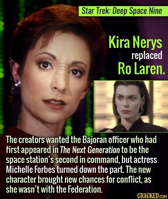 Star Trek: Deep Space Nine Kira Nerys replaced Ro Laren. The creators wanted the Bajoran officer who had first appeared in The Next Generation to be t