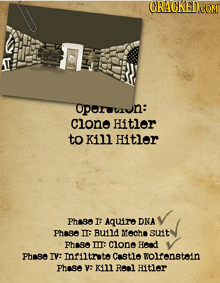 CRACKED COM Operevrn: Clone Hitlor to Kill Hitler Phase : Aquire DNA Phase I: BuiId MOCha suit Phaso II: Clone Head Phase IV: mriltrata Castle Wolrens