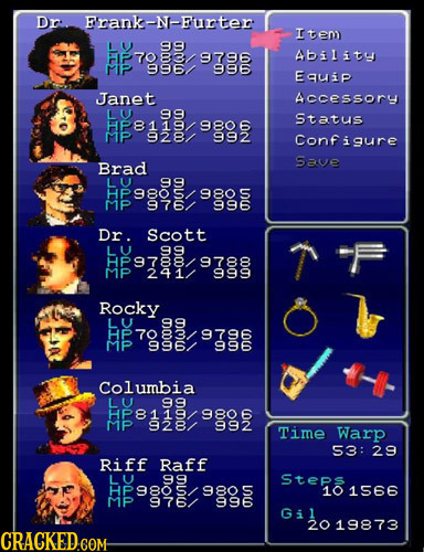 Dr Frank-N-Furter Item 9796 Ability 996 0 Equip Janet Accessory LU Status HP8119 9806 MP 992 Confiau Brad Save oN HP9805 9805 Me 996 Dr. Scott ooar 97