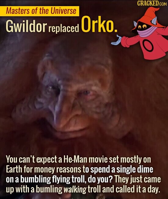 Masters of the Universe Gwildor replaced Orko. You can't expect a He-Man movie set mostly on Earth for money reasons to spend a single dim