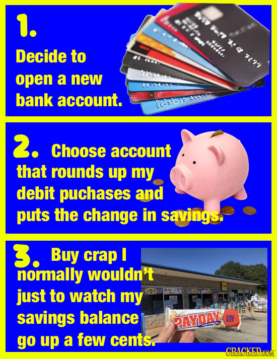 1. Decide to open a new 66T bank account. 0000 LL-2-79 2. Choose account that rounds up my debit puchases and puts the change in savings 3. Buy crap I