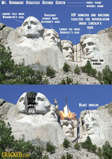 MI. RUSHMORE STRATEGIC DEFENSE CENTER VISIBLE SEAMS INVISIBLE SEAMS LANOINC FELD INSIOE SPACECRAFT VIP BUNKERS AND BBEEDING WASHINGTON'S HEAD STORACE