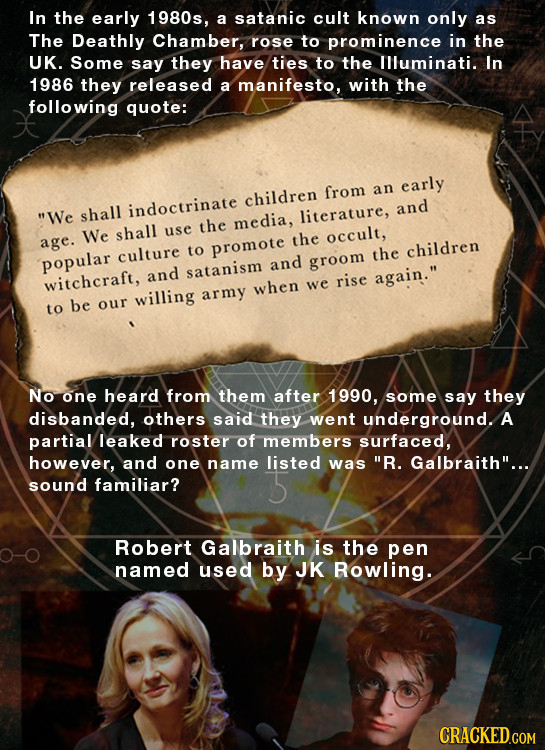 In the early 1980s, a satanic cult known only as The Deathly Chamber, rose to prominence in the UK. Some say they have ties to the Illuminati. In 1986