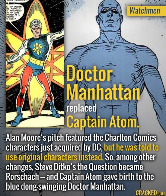 Doctor Manhattan replaced Captain Atom. Alan Moore's pitch featured the Charlton Comics