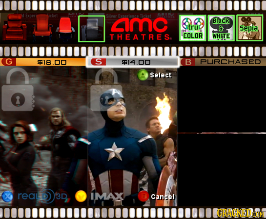 Experi icket Silver Exerience Ticket amo Black true 8 Sepia, THEATRESa COLOR WHIITE G 918.00 S $14.00 B PURCHASED Select reaLb reaLD3D, 3D IMAX B Canc