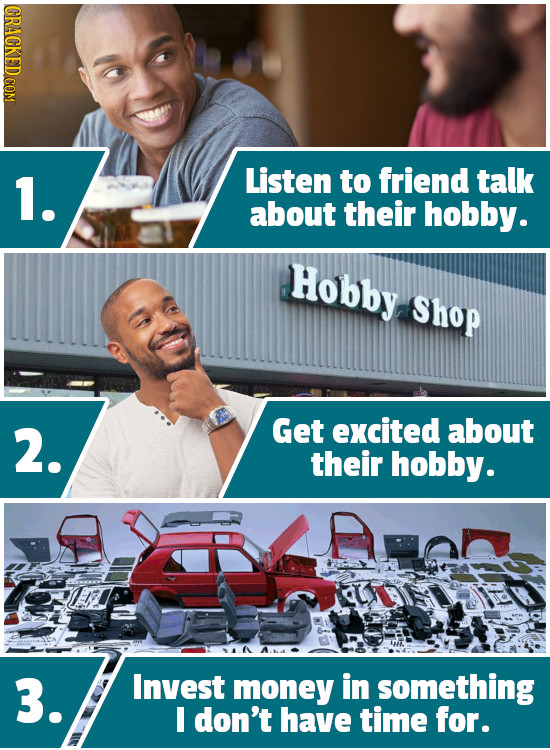 1. Listen to friend talk about their hobby. Hobby Shop 2. Get excited about their hobby. 3. Invest money in something I don't have time for. 