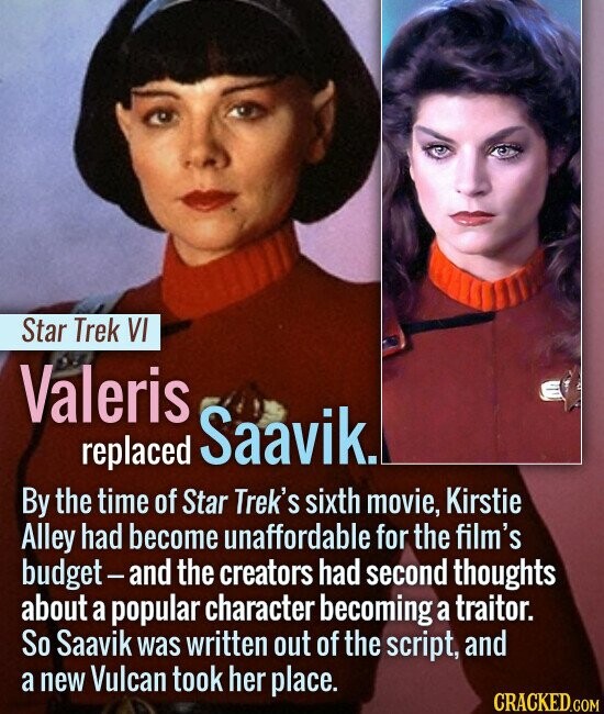 Star Trek VI Valeris Saavik. replaced By the time of Star Trek's sixth movie, Kirstie Alley had become unaffordable for the film's budget - and the cr