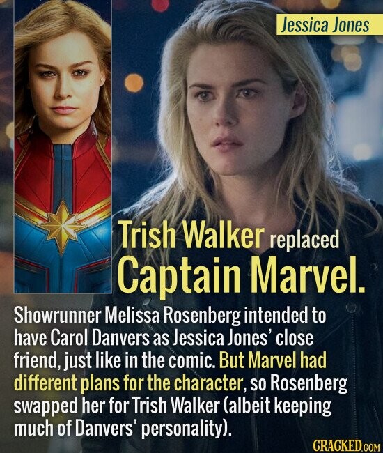 Jessica Jones Trish Walker replaced Captain Marvel. Showrunner Melissa Rosenberg intended to have Carol Danvers as Jessica Jones' close friend, just l