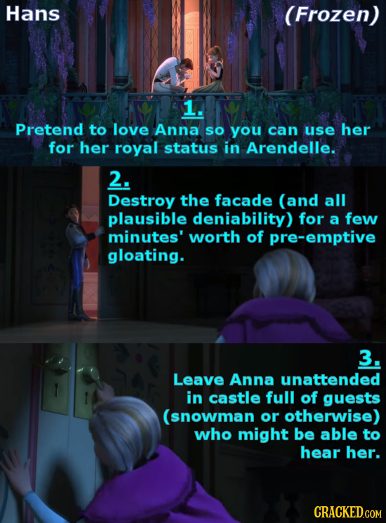 Hans (Frozen) 1. Pretend to love Anna SO you can use her for her royal status in Arendelle. 2. Destroy the facade (and all plausible deniability) for
