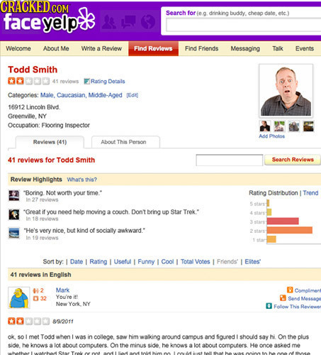 CRACKEDCO COM face yelp Search for (e drinking buddy. cheap date. etc.) Welcome About Me Write A Review Find Reviews Find Friends Messaging Talk Event