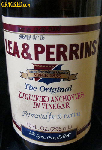 CRACKED.COM 123380 EA&PERRINS SAOM19 07:16 Same Premium Quality SINCE 18355 The Original LIQUIFIED ANCHOVIES IN VINEGAR Fermented (for 18 months 10FL.