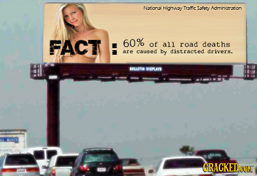 Nationai Highway Traffic Safety Administration FACT 60% of all road deaths are caused by distracted drivers. BULLETIN DISPLAYS CRACKED.COM