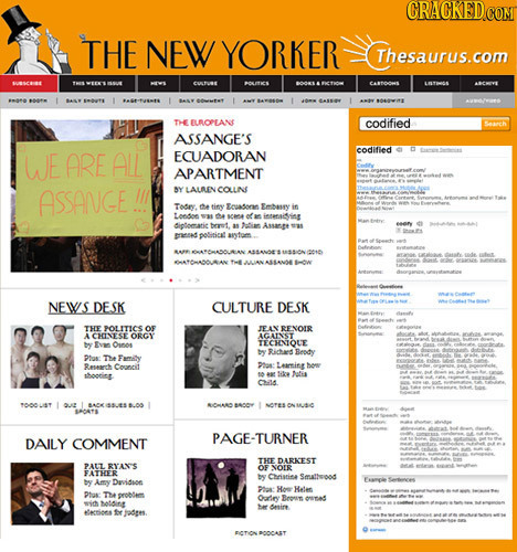 CRACKEDCON THE NEW YORKER Thesaurus.com HEVS cutoe OTICS 80041 CARTOONS 06 I THE ELROPLANS codified ASSANGE'S WE ARE ALL ECUADORAN codified aet APARTM
