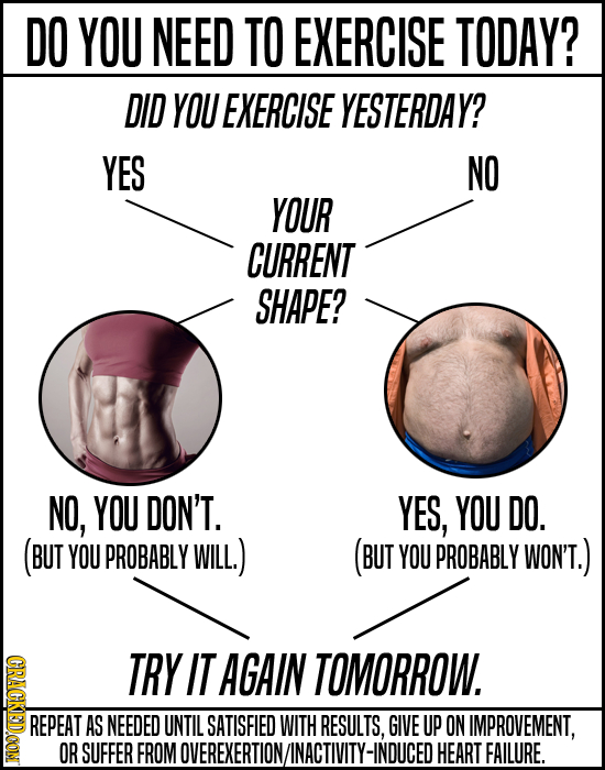 DO YOU NEED TO EXERCISE TODAY? DID YOU EXERCISE YESTERDAY? YES NO YOUR CURRENT SHAPE? NO, YOU DON'T. YES, YOU DO. (BUT YOU PROBABLY WILL) (BUT YOU PRO