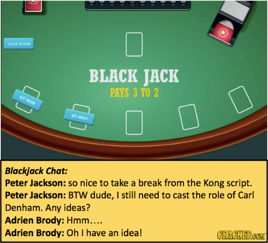 LEAVE ROOM BLACK JACK PAYS 3 TO 2 SIT HERE SIT HERE Blackjack Chat: Peter Jackson: SO nice to take a break from the Kong script. Peter Jackson: BTW du