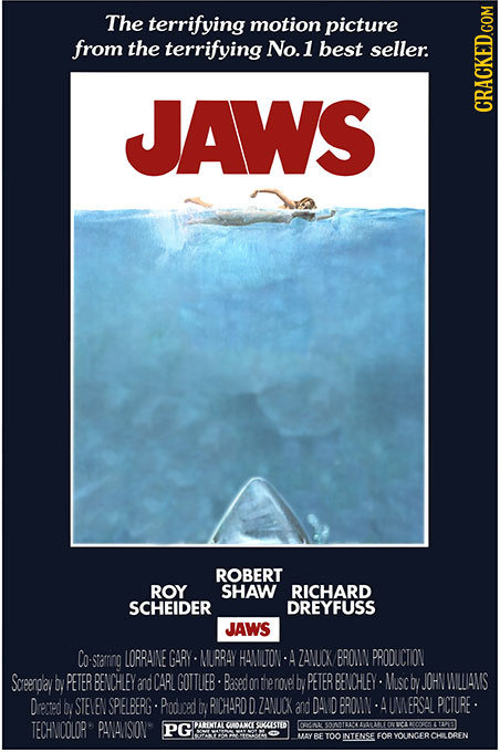 The terrifying motion picture from the terrifying No. 1 best seller. JAWS CRAUN ROBERT ROY SHAW RICHARD SCHEIDER DREYFUSS JAWS o-stamng LORRAINE GARY.