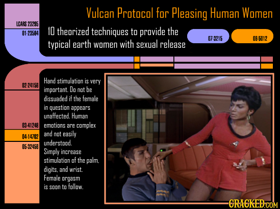 Vulcan Protocol for Pleasing Human Women LCARS 23295 10 theorized techniques to provide the 01-23584 07-3215 08-5012 typical earth women with sexual r