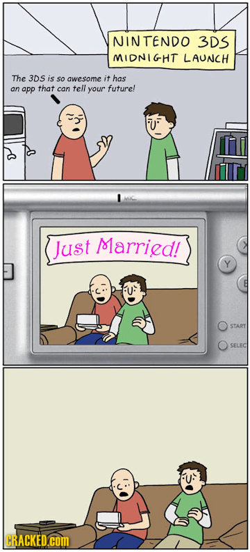NIN JTENDO 3DS MIDNIGHT LAUNCH The 3DS is So awesome it has an app that can tell your futurel 1 Just Married! START SELEC CRACKED.COM