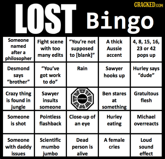 LOST CRACKED.COM Bingo Someone Fight scene You're not A thick 4, 8, 15, 16, named with too supposed Aussie 23 or 42 after a many edits to [blank] ac