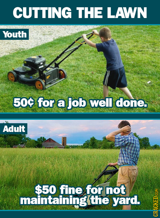 CUTTING THE LAWN Youth 500 for a job well done. Adult $50 fine for not maintaining the yard. Co