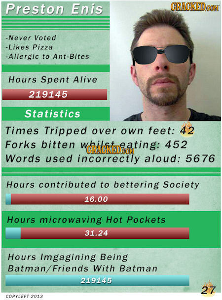 Preston Enis CRACKEDOON -Never Voted -Likes Pizza -Allergic to Ant-Bites Hours Spent Alive 219145 Statistics Times Tripped over own feet: 42 Forks bit