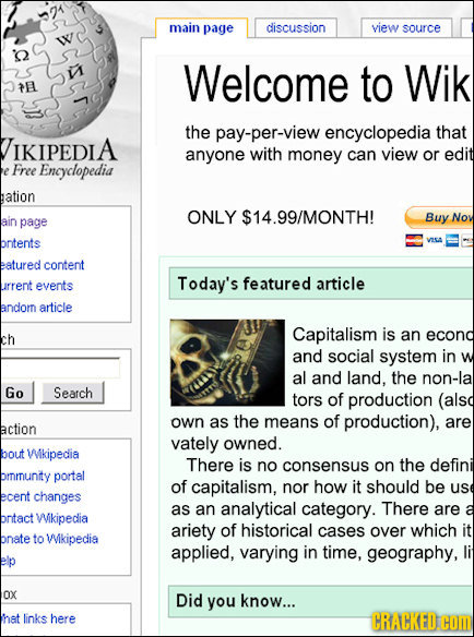 main page discussion view source IA Welcome to Wik TE the pay-per-view encyclopedia that IKIPEDIA anyone with money can view or edit Free Encyclopedia