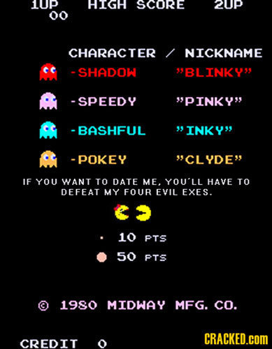 1UP HH scORE 2UP 00 CHARACTER / NICKNAME -SHADOW BLINKY -SPEEDY PINKY A -BASHFUL INKY -POKEY 'CLYDE JF YOU WANT TO DATE ME, YOU'LL HAVE TO DEFEA