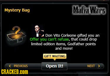 Mystery Mafra Bag Wars Don Vito Corleone gifted you an Offer you can't refuse, that could drop limited edition items, Godfather points and more! GIFT