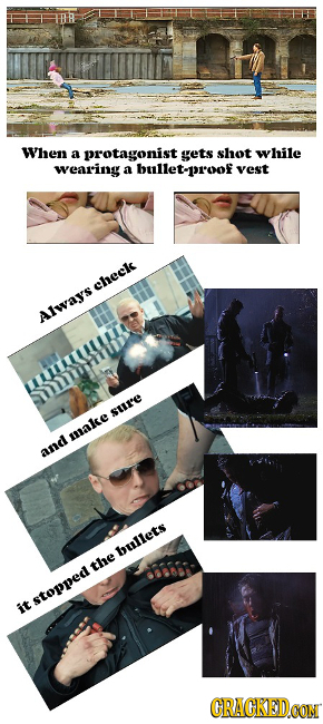 When a protagonist gets shot while wearing a bullet-proof vest hecis aays gnSe sure mlle and aallcts he stoPPE CRACKEDCON